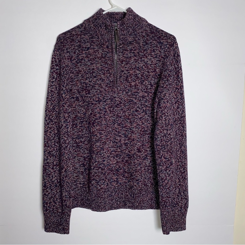 Merona Womens Sz M Purple Mock Neck Long Sleeve Speckle Knit Sweater Ribbed Zip